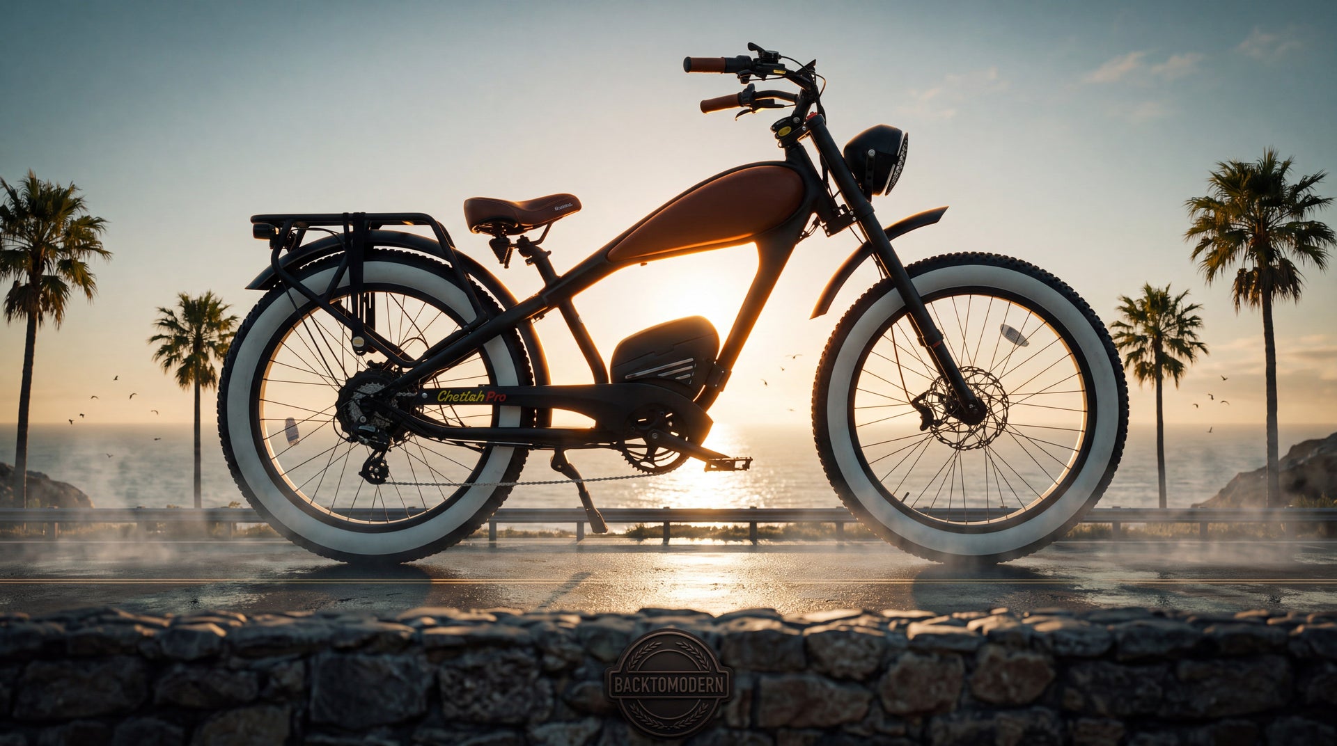 Cheetah Pro e-bike at monumental scale on a coastal cliff road at sunset