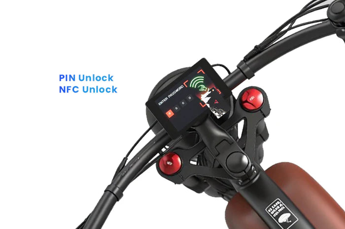 Close-up of a bike handlebar with electronic lock controls on a white background Cheetah Pro Sale Revi Ebike