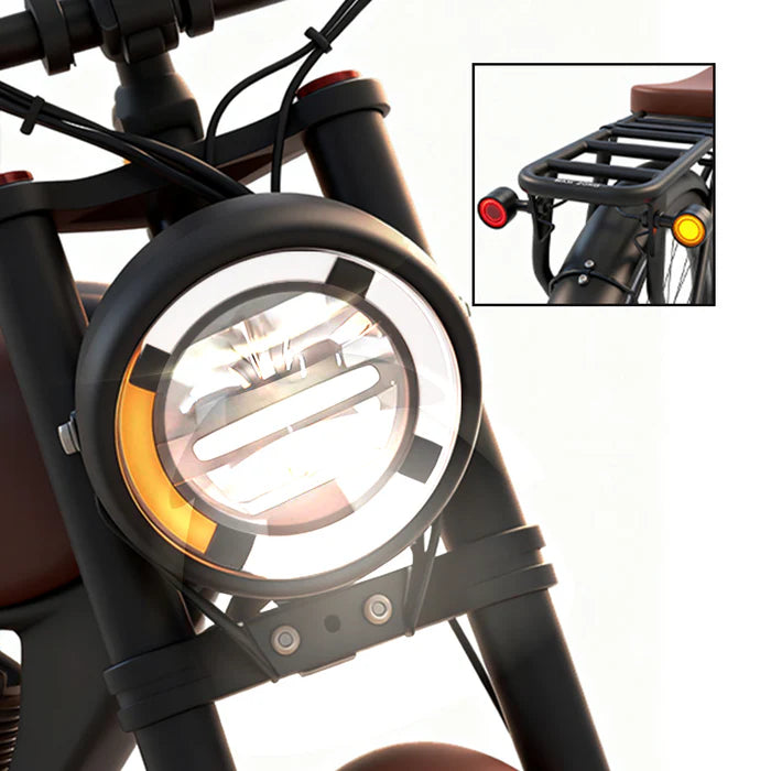 Close-up of a bicycle headlight with an inset showing a bike rack. Cheetah Pro Sale Revi Ebike