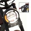 Close-up of a bicycle headlight with an inset showing a bike rack. Cheetah Pro Sale Revi Ebike