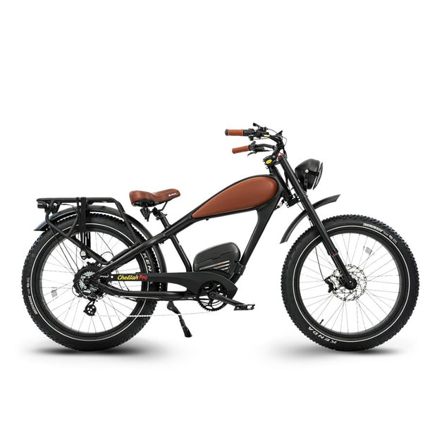 Black electric bike with brown seat on a white background Cheetah Pro Sale
