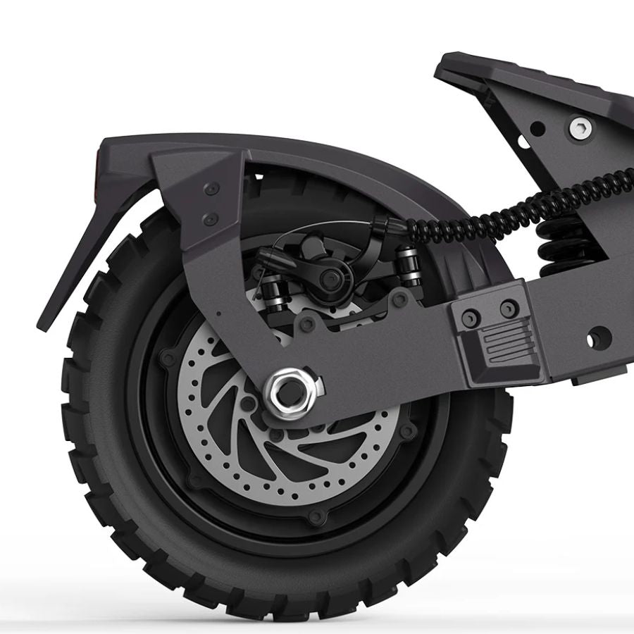 Close-up of a black scooter wheel with suspension on a white background Ausom_L1_Electric_scooter_rear_wheel_close_up