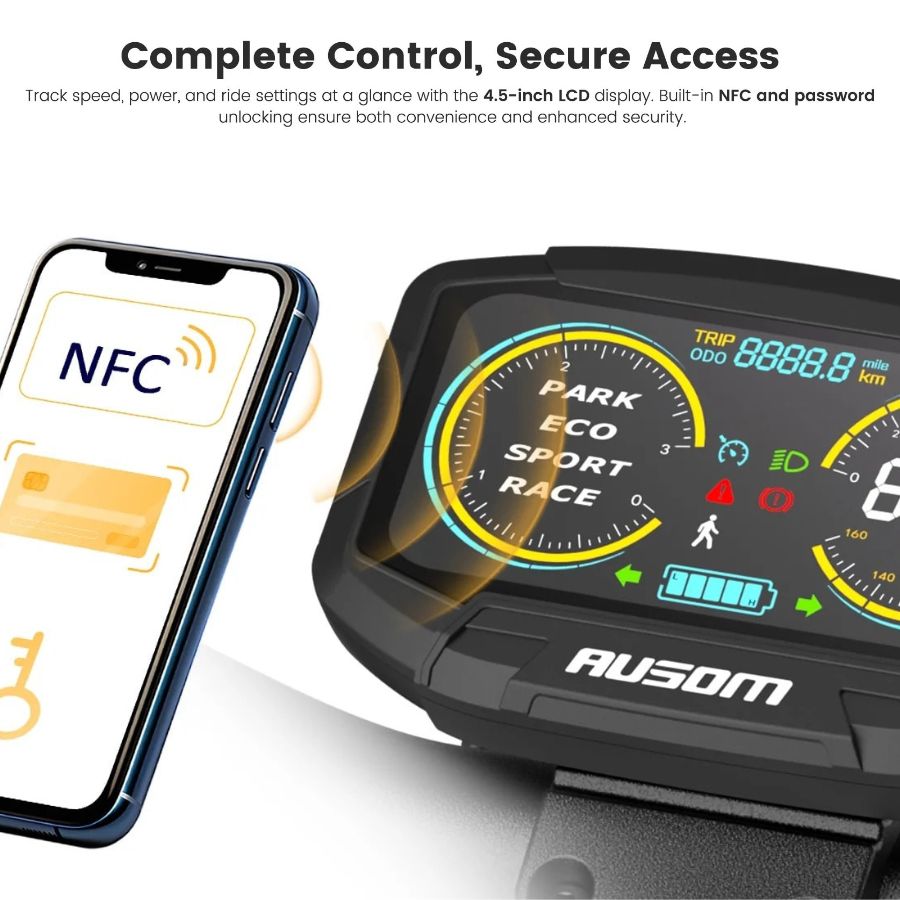 Digital display with smartphone showing NFC technology and 'AUSOM' Ausom_L1_NFC_and_password_unlock_with_app_controlbranding.