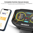 Digital display with smartphone showing NFC technology and 'AUSOM' Ausom_L1_NFC_and_password_unlock_with_app_controlbranding.