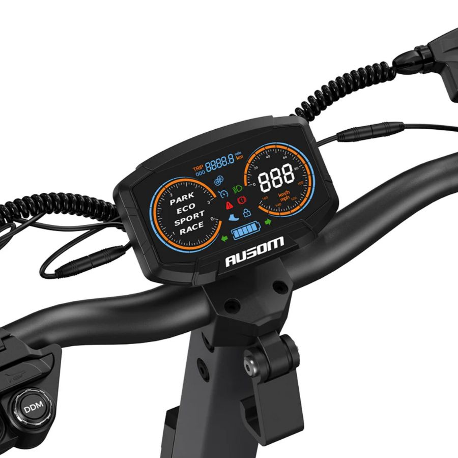 Digital display on a electric scooter  handlebar with 'AUSOM' branding.