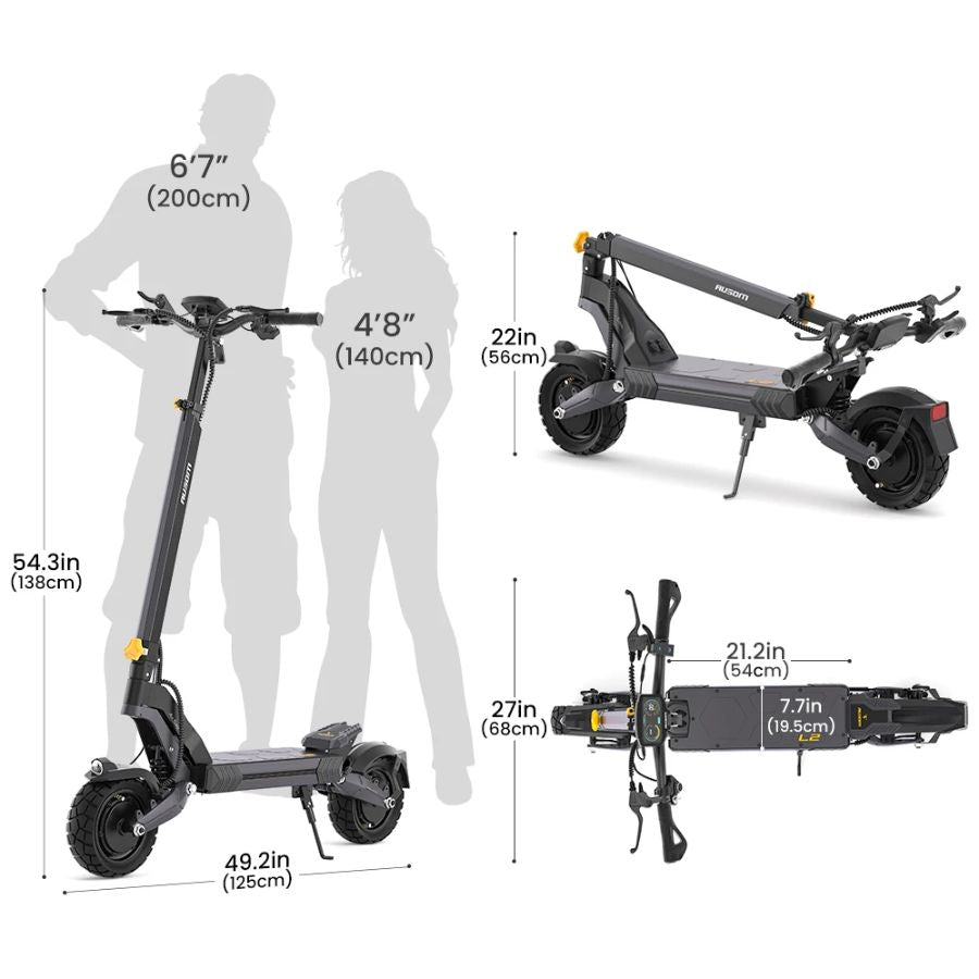 Measurement chart of a folding electric scooter Ausom L2 max with human figures for scale.