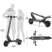 Measurement chart of a folding electric scooter Ausom L2 max with human figures for scale.