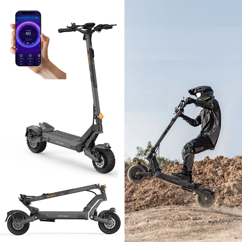 Electric scooter with smartphone display, folded scooter, and person riding on a dirt path. L2 Max Dual Motor Ausom Electric scooter