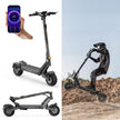 Electric scooter with smartphone display, folded scooter, and person riding on a dirt path. L2 Max Dual Motor Ausom Electric scooter