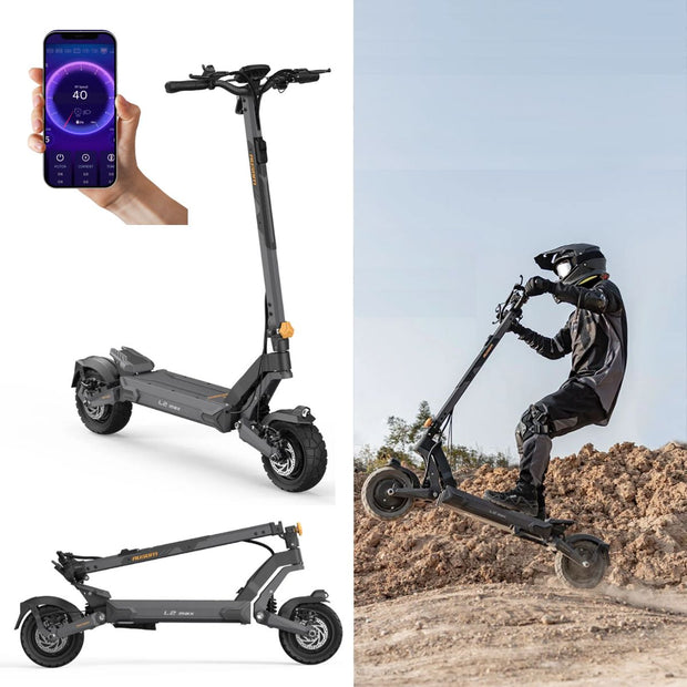 Electric scooter with smartphone display, folded scooter, and person riding on a dirt path. L2 Max Dual Motor Ausom Electric scooter