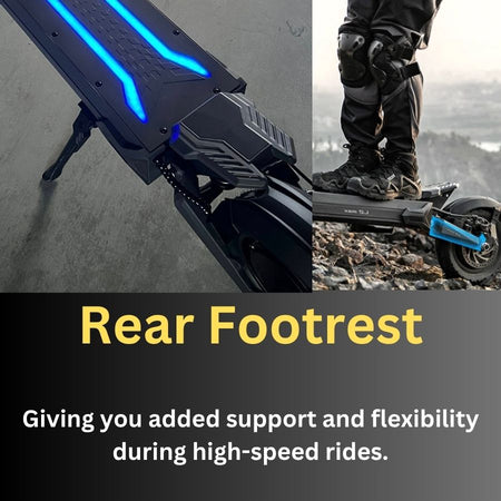 Electric scooter with rear footrest feature, showing support and flexibility during high-speed rides.