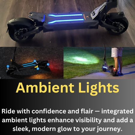 Electric scooter with ambient lights on a wooden floor, surrounded by smaller images of the scooter in action. L2 Max Ausom 