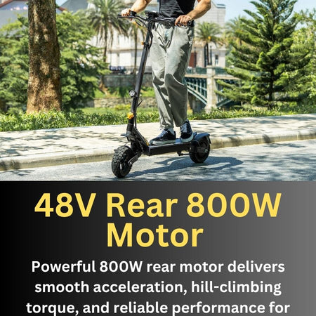 Person riding an electric scooter with text highlighting 48V rear 800W motor specifications.