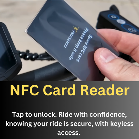 NFC card reader being held by a hand with text about keyless access. L1 Ausom Electric scooter