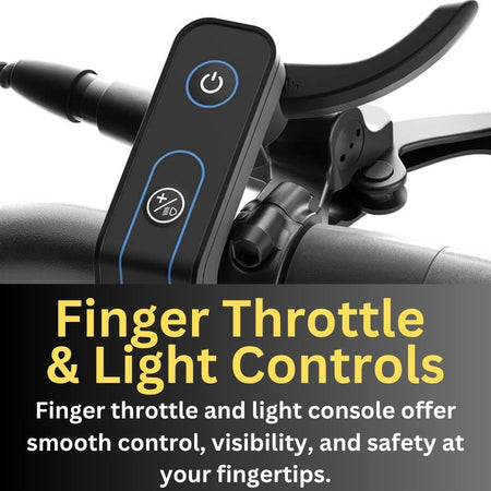 Bicycle handlebar with finger throttle and light controls on a white Ausom L1 Electric scooter background
