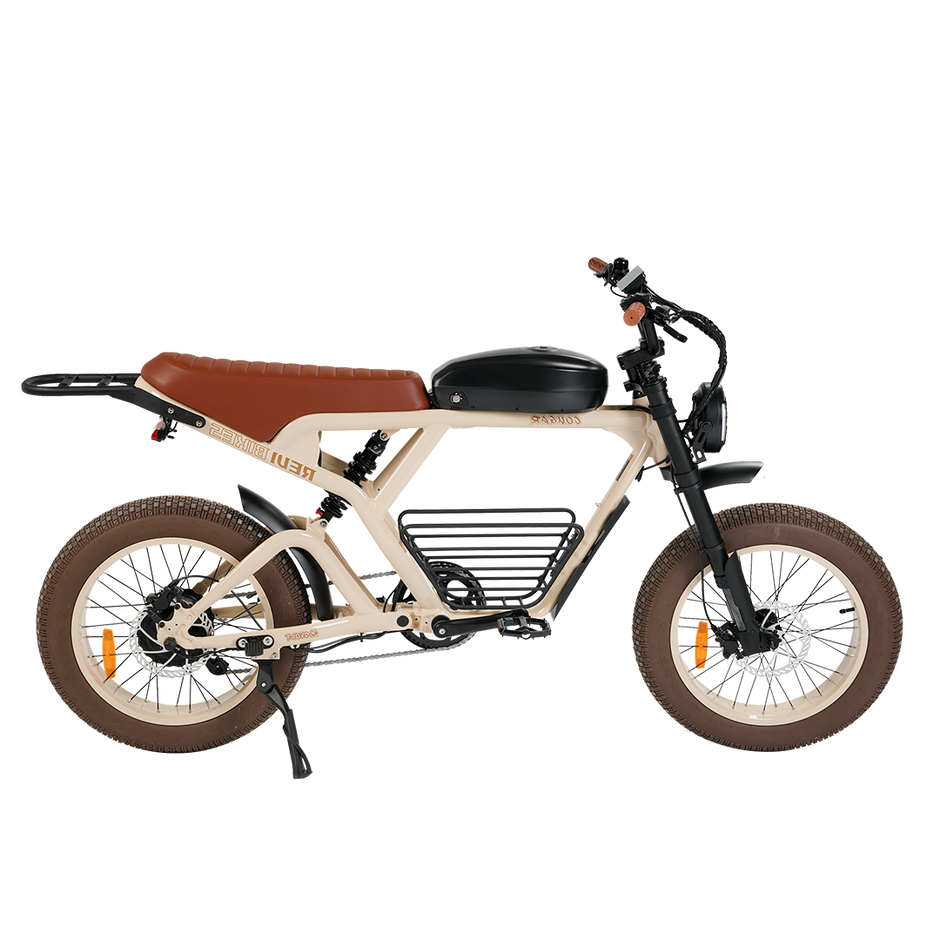 Revi Cougar in sand color fitted with rear rack and basket