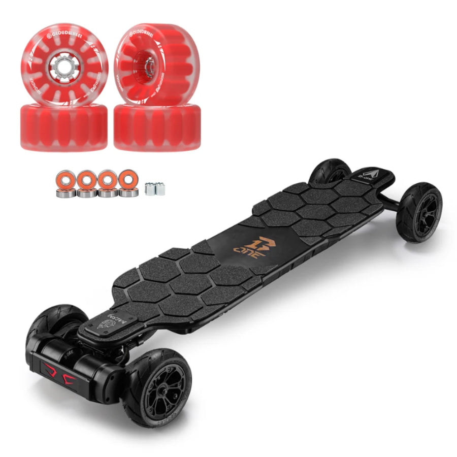 B-ONE BALROD X Bamboo Electric Skateboard 2100w*2 6368 belt drive motor Tail Light flashing brake  Fiberglass bamboo and Canadian Maple Deck Ergonomic Hobbywing with 4 speed modes LG M50LT 21700 12S3P 15Ah 666Wh lithium battery 5A charger BackToModern Sale Cloudwheels 120mm red 