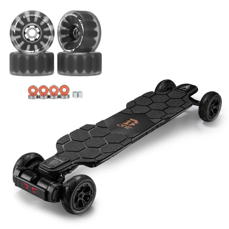 B-ONE BALROD X Bamboo Electric Skateboard 2100w*2 6368 belt drive motor Tail Light flashing brake  Fiberglass bamboo and Canadian Maple Deck Ergonomic Hobbywing with 4 speed modes LG M50LT 21700 12S3P 15Ah 666Wh lithium battery 5A charger BackToModern Sale Cloudwheels 120mm Black 