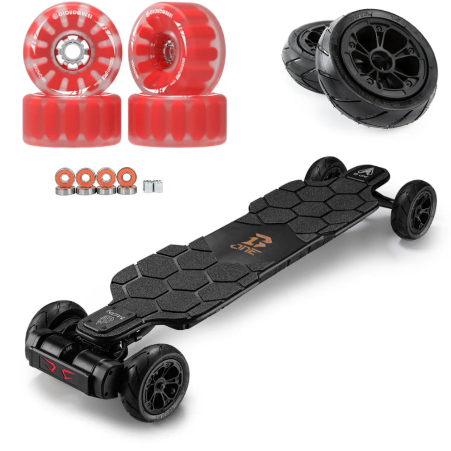 B-ONE BALROD X Bamboo Electric Skateboard 2100w*2 6368 belt drive motor Tail Light flashing brake  Fiberglass bamboo and Canadian Maple Deck Ergonomic Hobbywing with 4 speed modes LG M50LT 21700 12S3P 15Ah 666Wh lithium battery 5A charger BackToModern Sale 2-in-1 Cloudwheels 120mm red AT 6Inch wheels