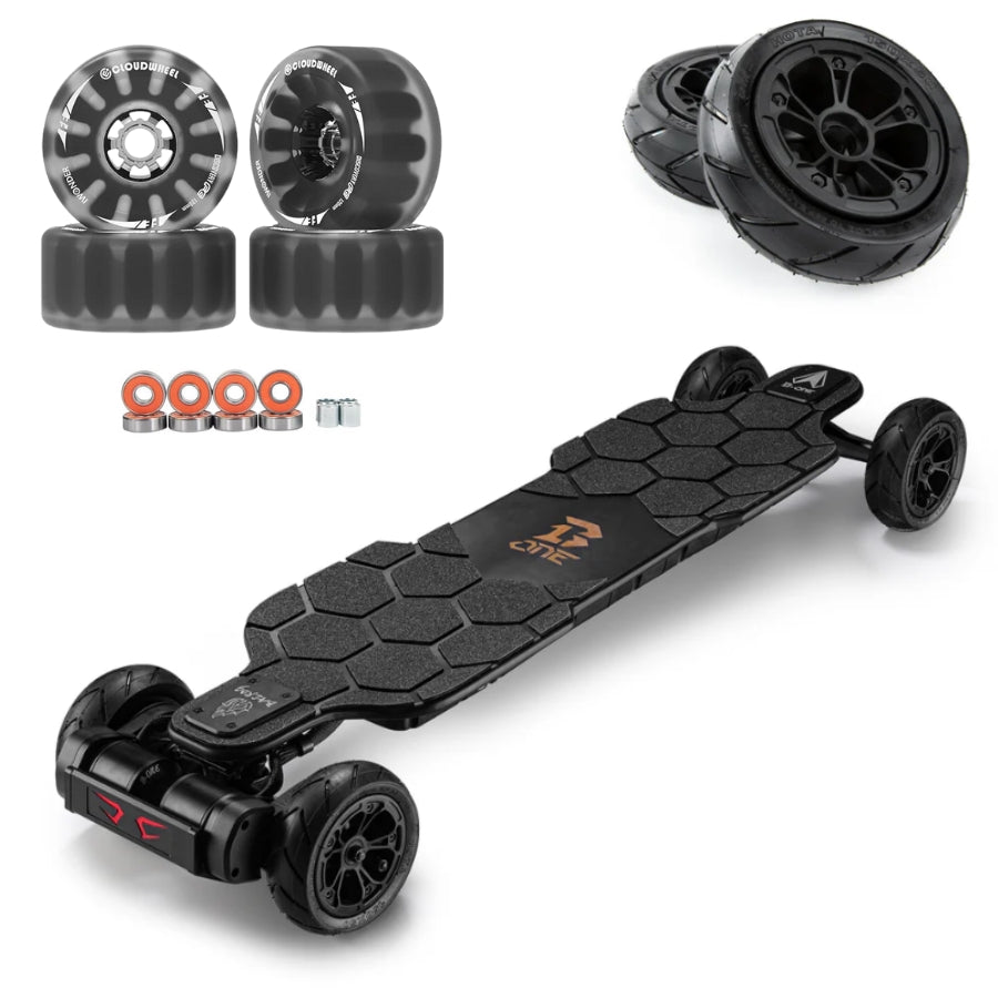 B-ONE BALROD X Bamboo Electric Skateboard 2100w*2 6368 belt drive motor Tail Light flashing brake  Fiberglass bamboo and Canadian Maple Deck Ergonomic Hobbywing with 4 speed modes LG M50LT 21700 12S3P 15Ah 666Wh lithium battery 5A charger BackToModern Sale 2-in-1 Cloudwheels 120mm BLack AT 6Inch wheels