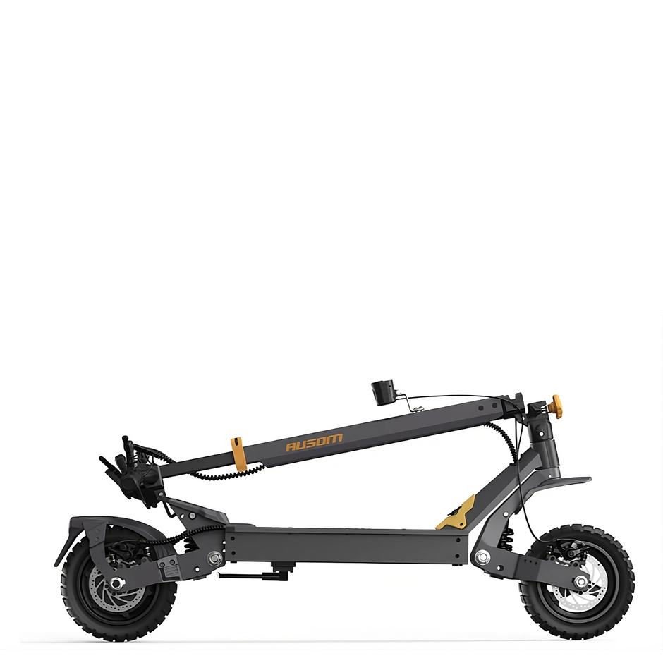 Foldable electric scooter with 'Ausom' branding on a white background L1 Ausom scooter backtpmoder folded 