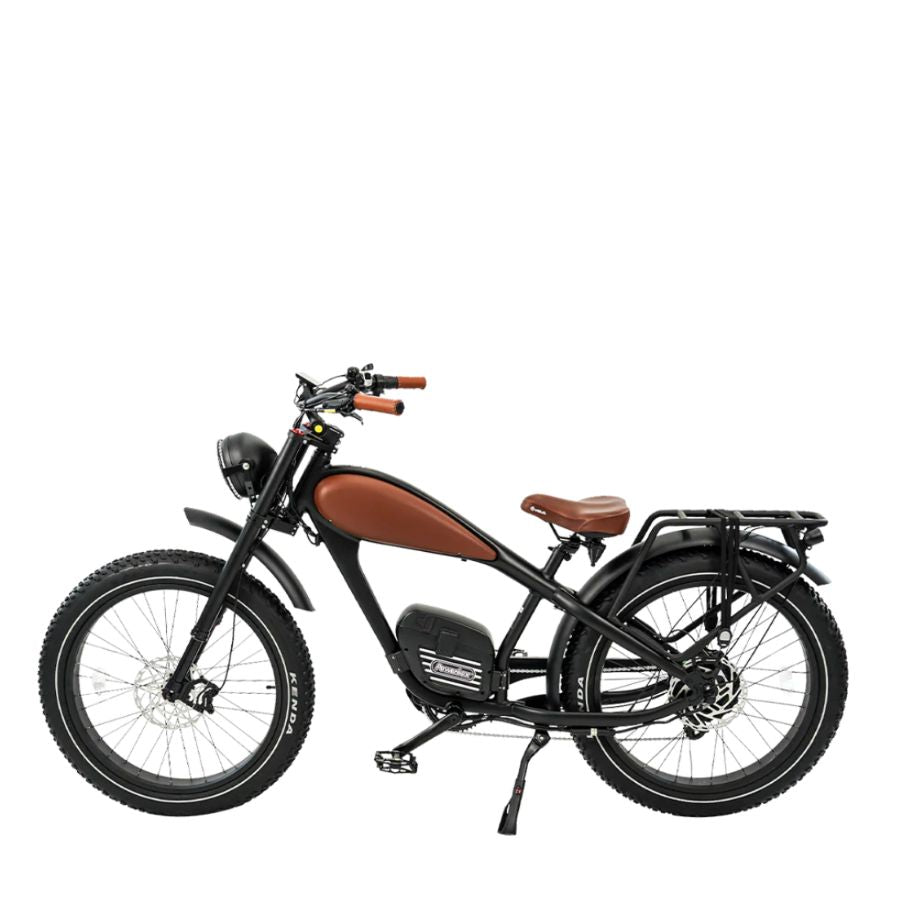 Black electric bike with brown seat on a white background. Cheetah Pro Sale Revi Ebike