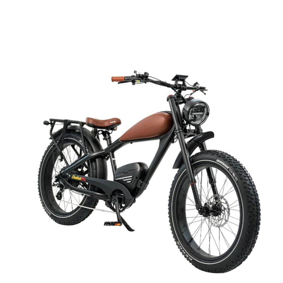 Black electric bike with brown seat on a white background. Cheetah Pro Sale Revi Ebike