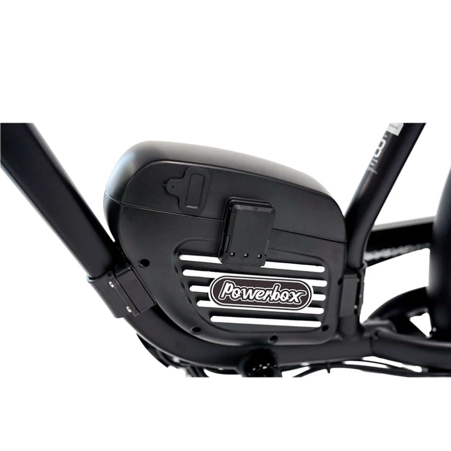 Close-up of a black electric bike with Powerbox branding on a white background second battery Cheetah Pro Sale Revi Ebike