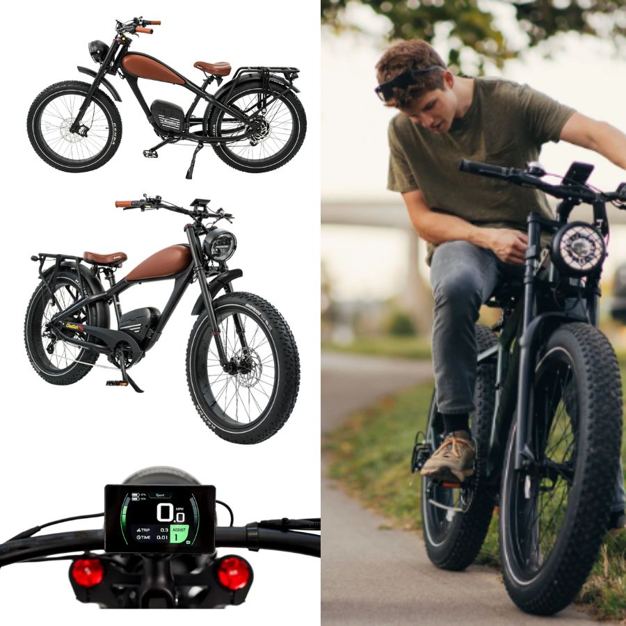 Electric bikes with different views and a person using one on a path. Cheetah Pro Sale Revi Ebike