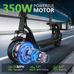 AOVOPRO scooter 350W motor infographic: 19 MPH top speed, 15 degree hill climbing, 8.5 inch solid tire