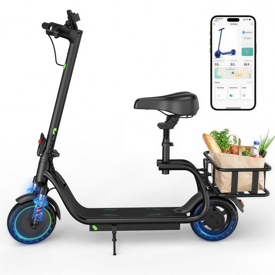 AOVOPRO 350W electric scooter with seat, side view with smartphone app showing speed and light controls