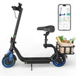 AOVOPRO 350W electric scooter with seat, side view with smartphone app showing speed and light controls