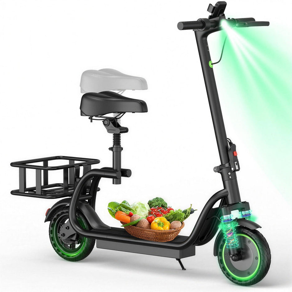 AOVOPRO seated electric scooter with rear cargo basket and green accent lighting