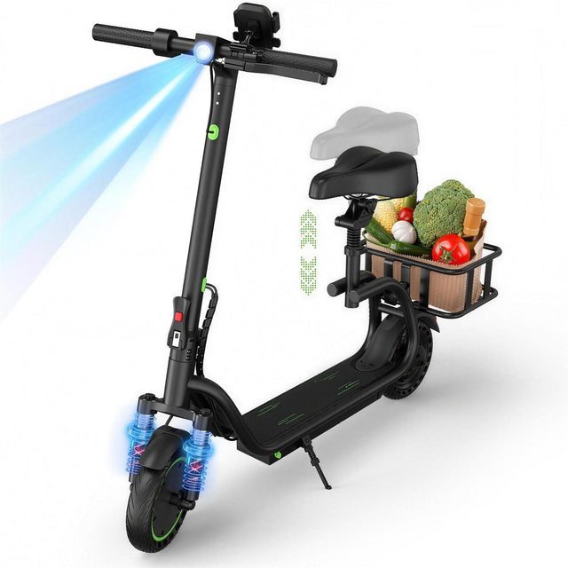 AOVOPRO seated electric scooter with headlight on and rear cargo basket loaded with groceries