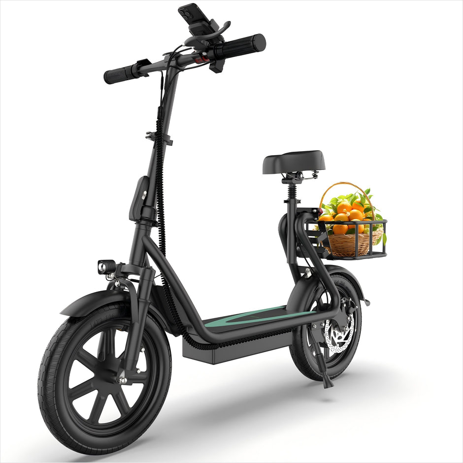 500W seated electric scooter with seat and front cargo basket, 14 inch wheels, on white background