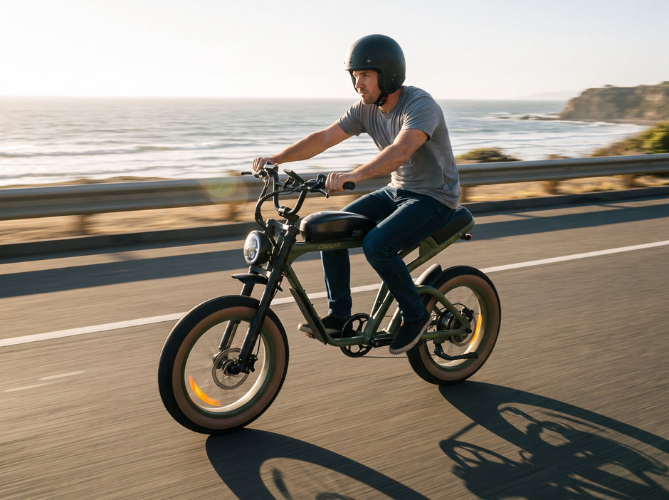 A man wearing a black helmet rides an electric dirt bike on a coastal road with the ocean in the background. The bike has a matte olive green frame, black tires with tan sidewalls, and a round headlight. Revi e-bikes 
