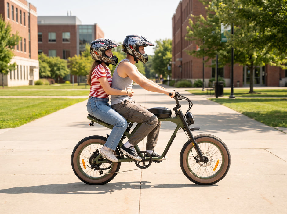 A man and a woman ride a dark green electric bicycle on a paved campus path, with brick buildings and green trees in the background Revi Cougar Pro 