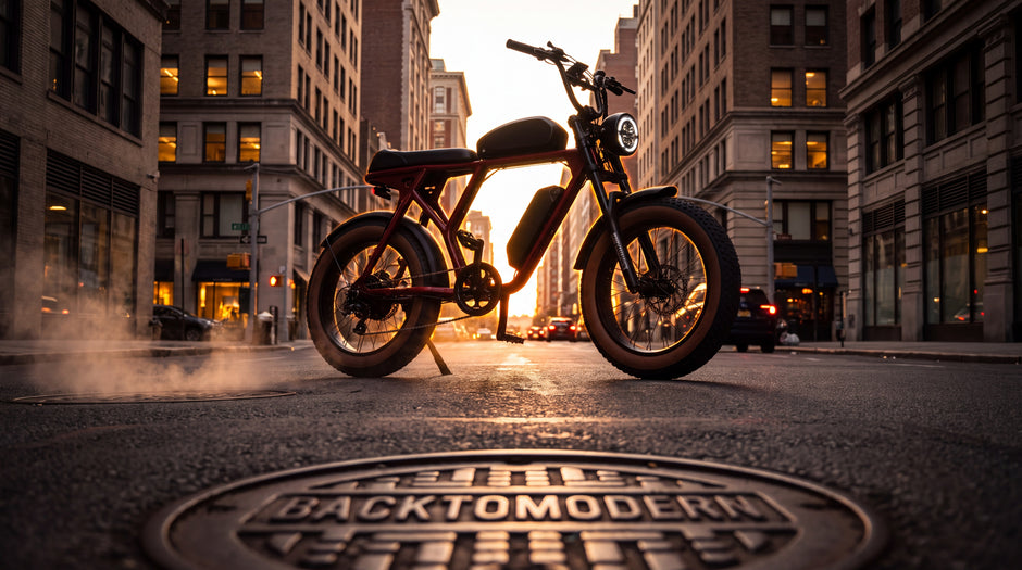 A retro-style electric motorcycle with a tall black handlebar and a central battery pack stands on a city street at sunset, with buildings lining the background and a manhole cover in the foreground.