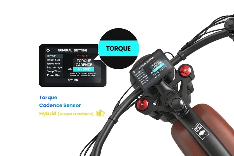 Close-up of a bicycle handlebar with electronic control panel displaying 'Torque' and 'Cadence Sensor'. Cheetah Pro Sale Revi Ebike