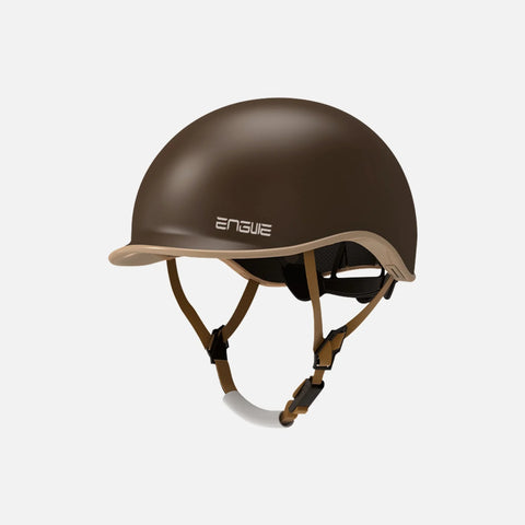 ENGWE Urban bike helmet in matte brown with tan straps, three-quarter view