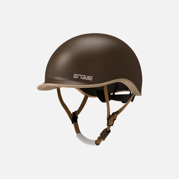ENGWE Urban bike helmet in matte brown with tan straps, three-quarter view