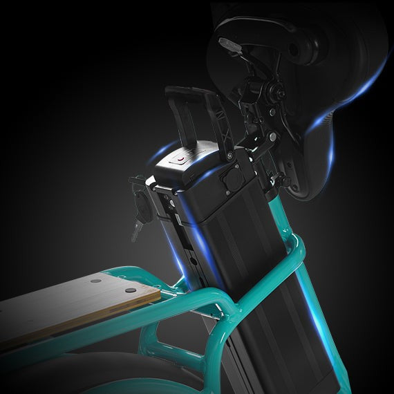Revi Rebel 2 removable battery hidden under the foldable saddle