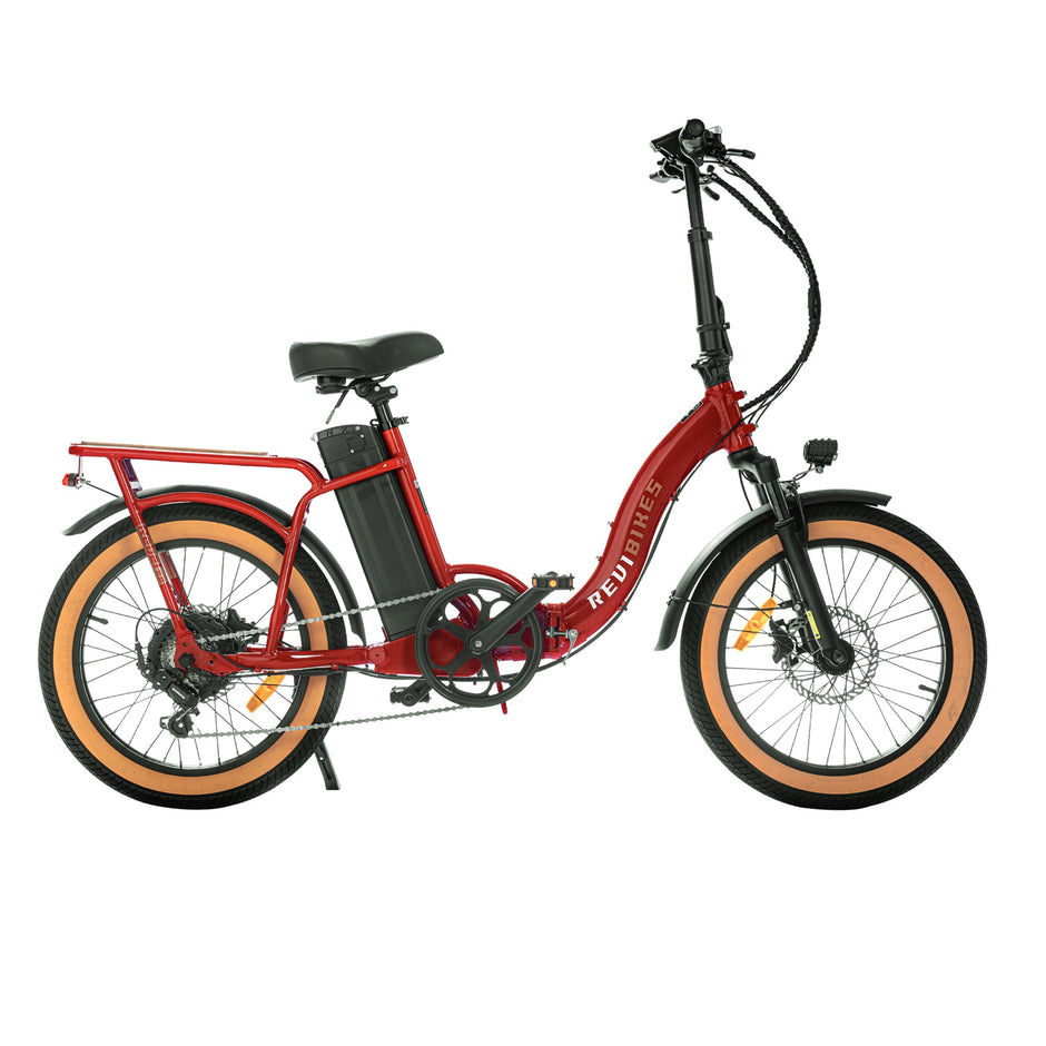 Revi Rebel 2 folding electric bike in red, step-thru frame side view on white background
