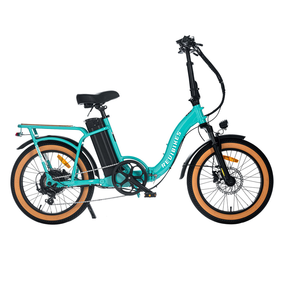 Revi Rebel 2 folding electric bike in turquoise, side view on white background