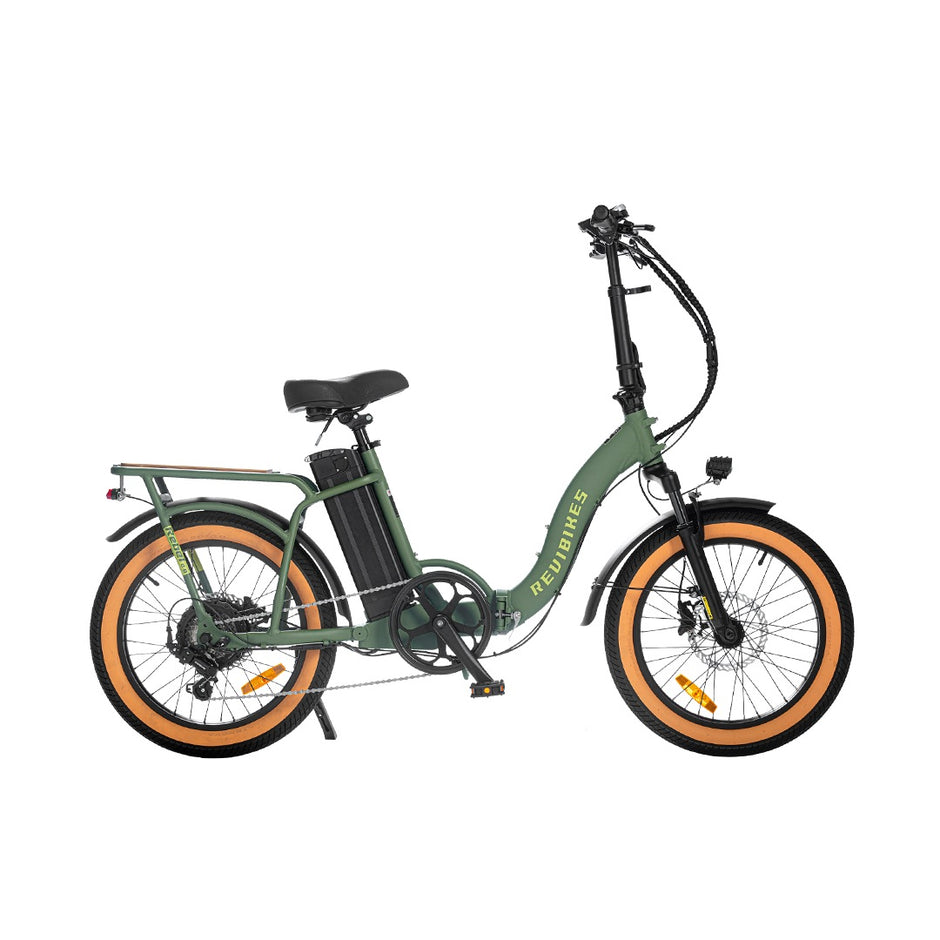 Revi Rebel 2 folding electric bike in wild green, side view on white background