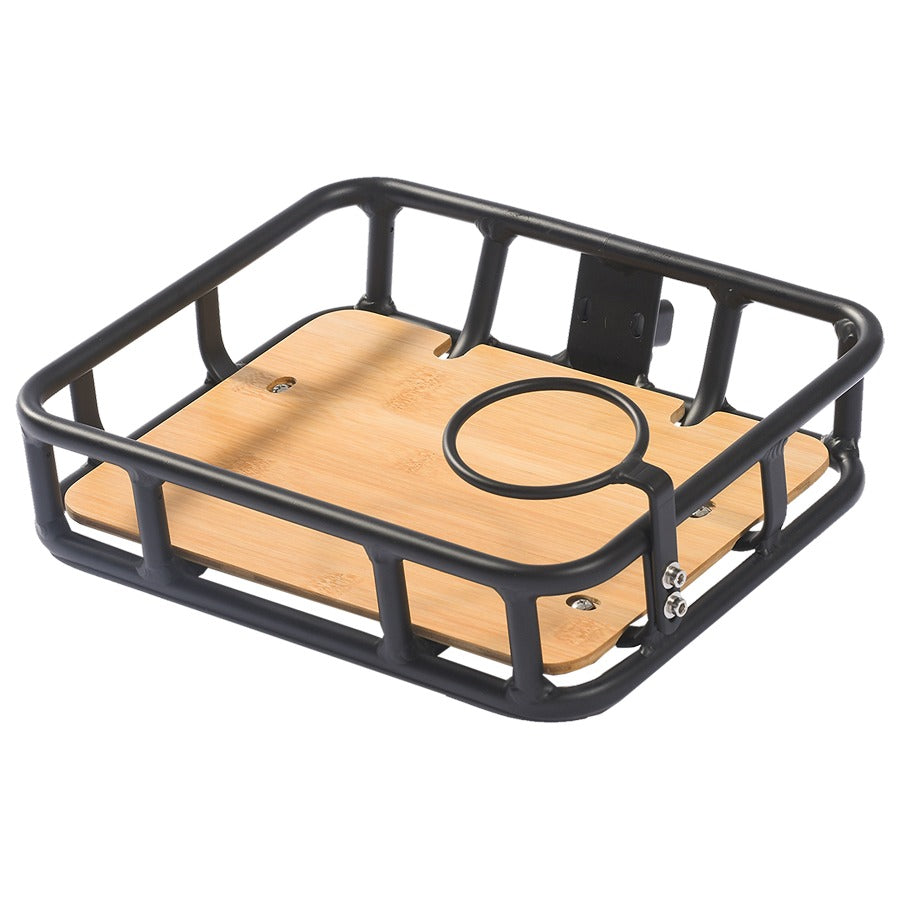 Revi Rebel small front basket with bamboo deck and cup holder on white background