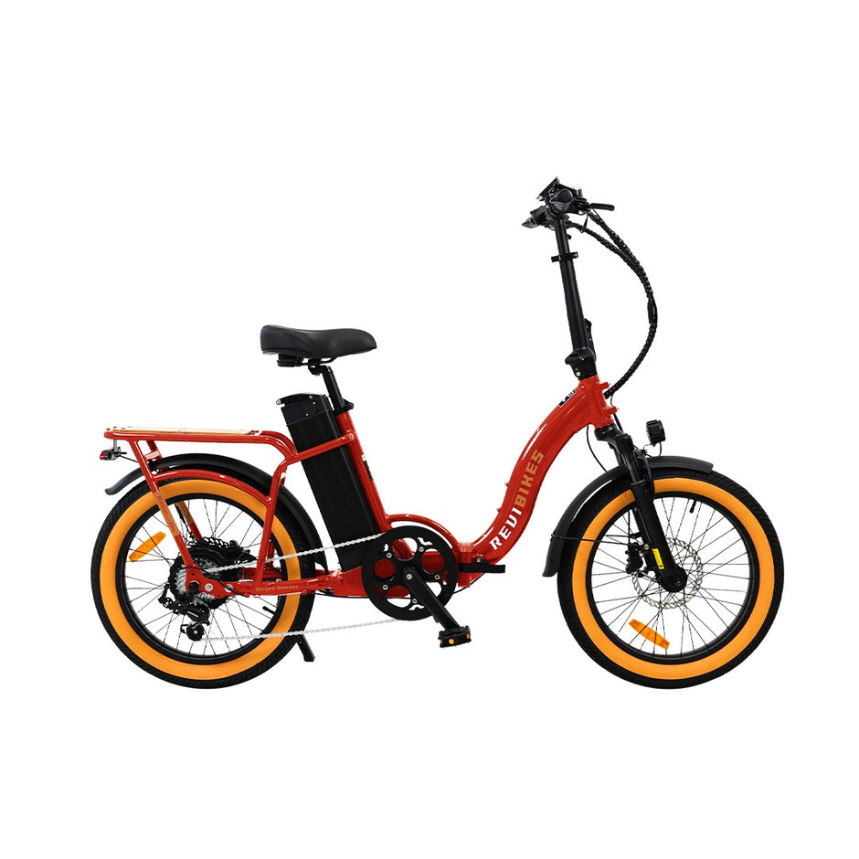 Revi Rebel Pro folding electric bike in red with 52V battery, side view on white background