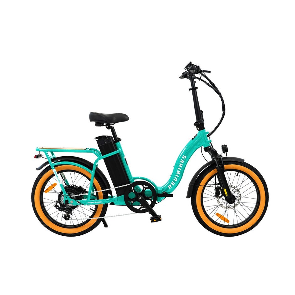 Revi Rebel Pro folding electric bike in turquoise, side view on white background