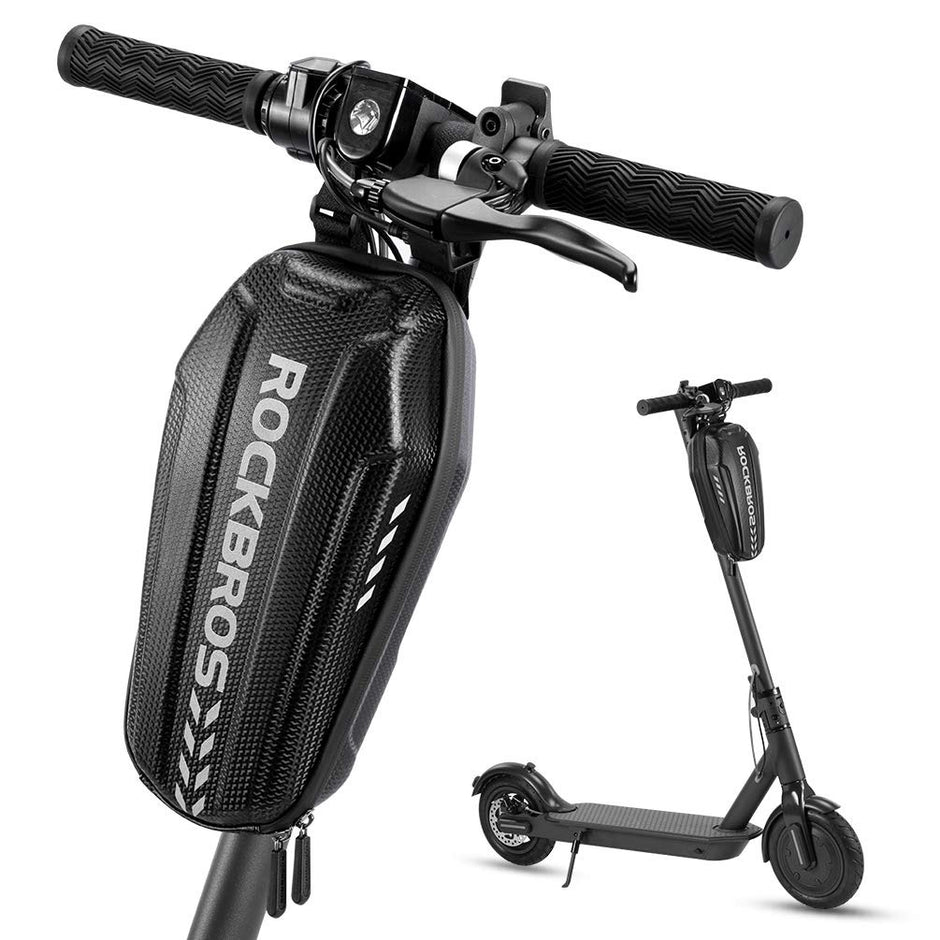 ROCKBROS B62 scooter bag open on the stem showing keys, phone and organized storage