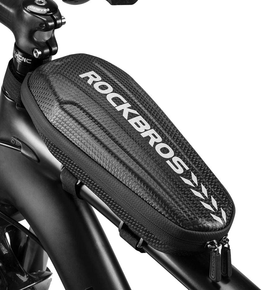 ROCKBROS hard shell bag mounted on a bicycle top tube, side view showing the carbon-pattern EVA shell